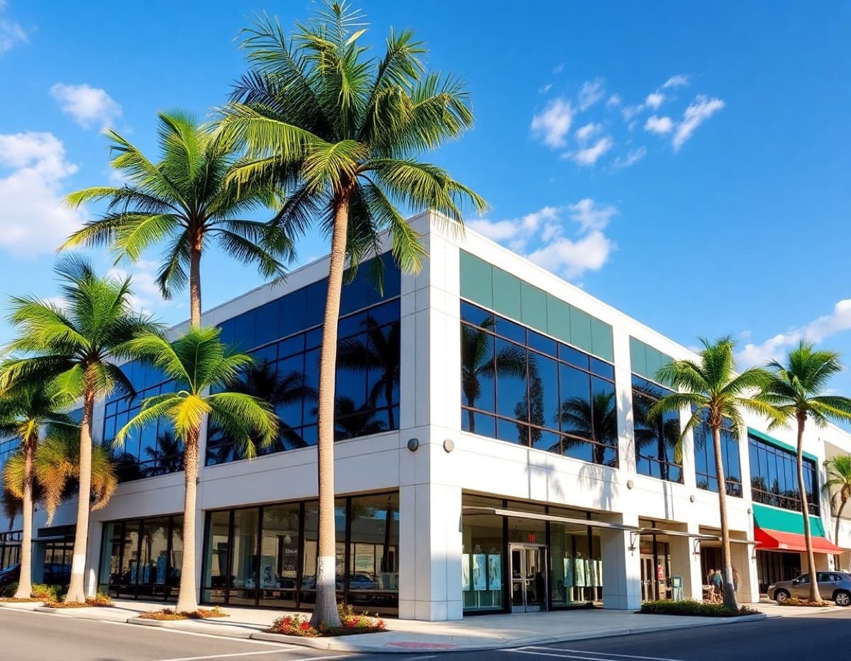 A modern commercial office and retail building in a Florida business district